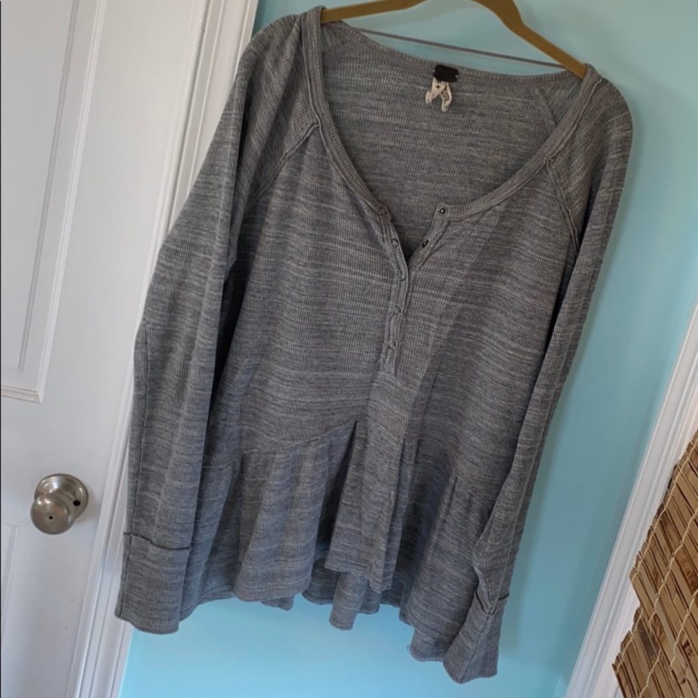 Free People Gray Long Sleeve Henley Peplum Top